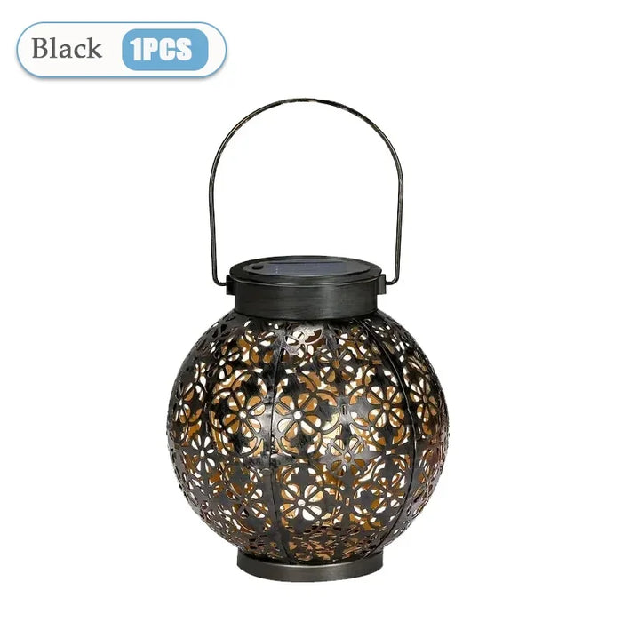 Solar Garden Light Outdoor Garden Decoration Solar Lights Metal Waterproof Round Lantern Lights Hanging Hollow Projection Lights