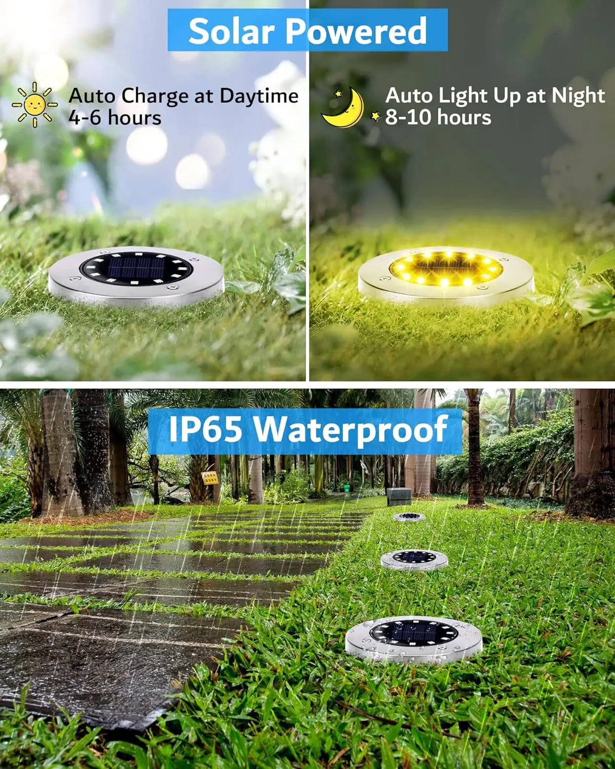 Solar Ground Lights Outdoor Decorations, 12LED Solar Garden Lights Waterproof, Solar Disk Lights for Yard, Pathway, Lawn, Patio