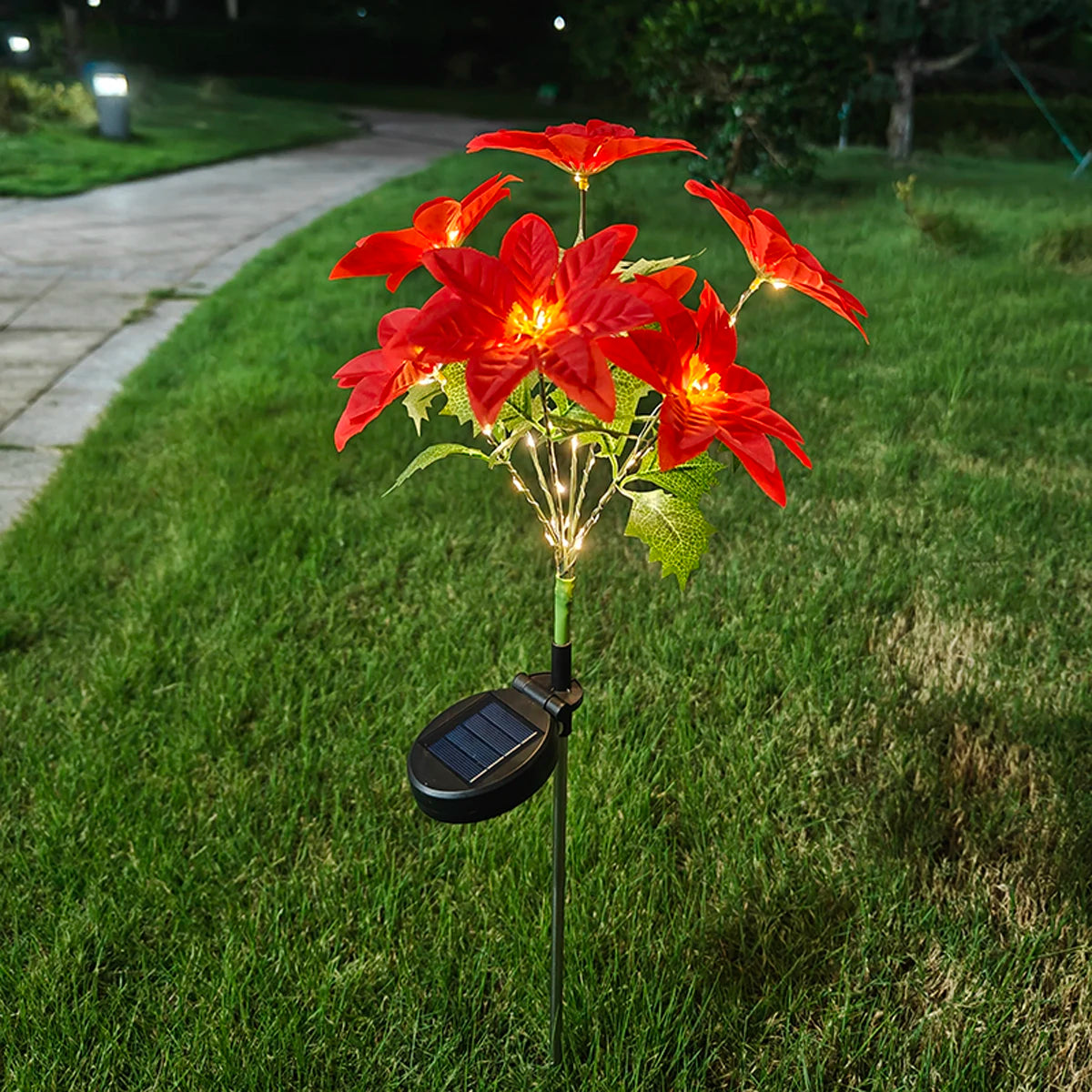 Solar Christmas Flower Lamp LED Warm Light Fashion Red Decoration Flower Poinsettia For Garden Lawn Lamp Holiday Christmas Light
