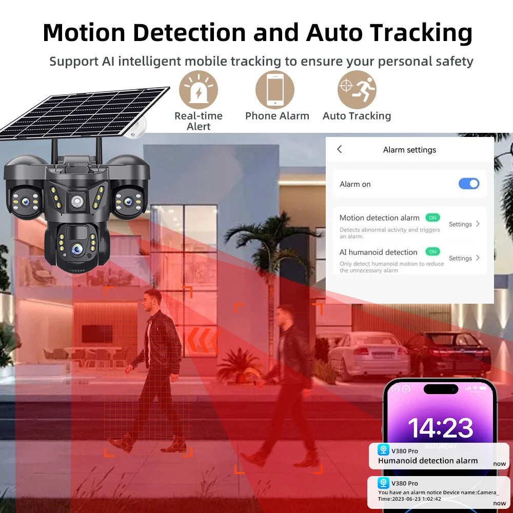 15MP 4G Solar Camera PTZ Outdoor CCTV Triple Lens Three Screen PIR Colour Night Vision Weatherproof V380 PRO Cameras
