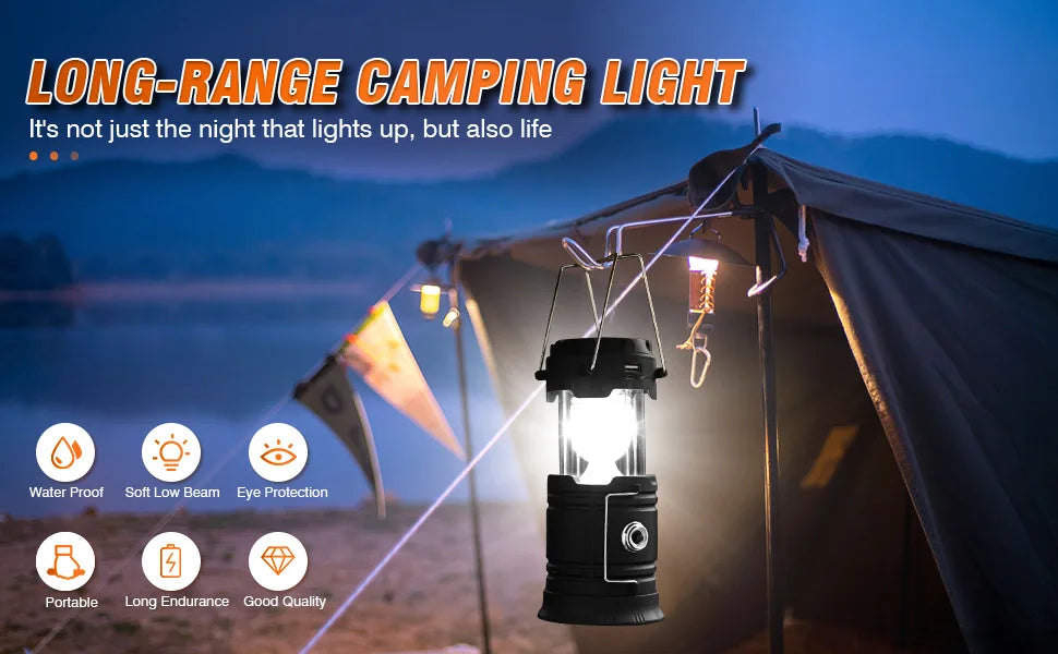 Solar Camping Lights COB Tent Lamp Portable Emergency Flashlight USB Rechargeable Waterproof Strong Light Fishing Hiking Torch
