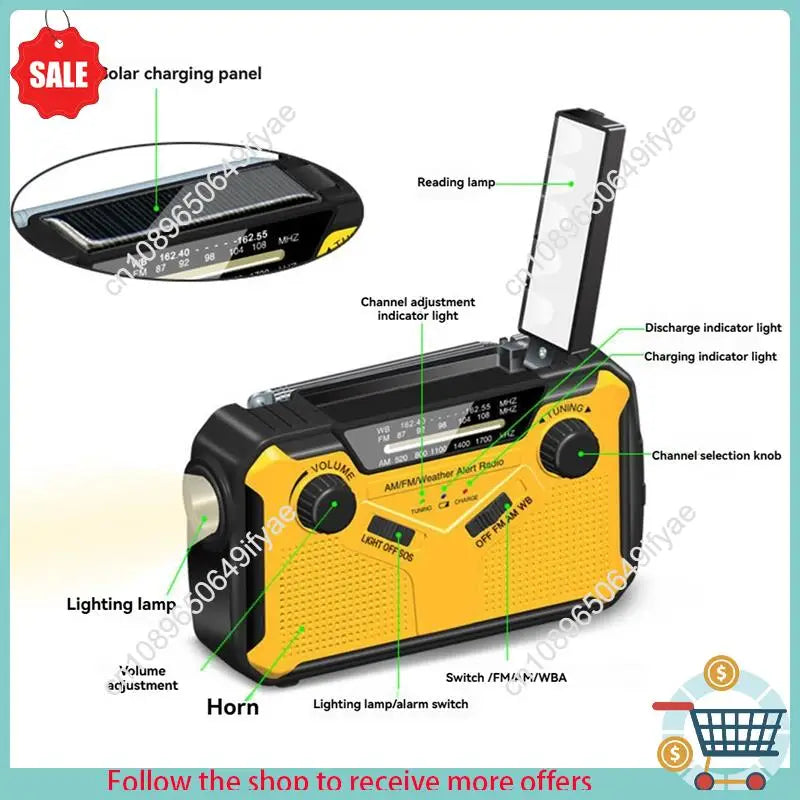 Y67A-SOS Alarm Emergency Radio AM/FM Portable Solar Solor Hand Crank USB Rechargeable Torch Reading Lamp For Emergencies