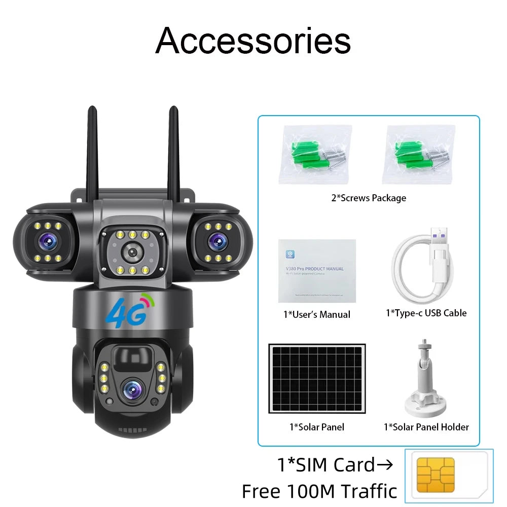 Solar 4G Camera With Sim Card 12MP 6K Three Lens Three Screen Monitor Night Vision Security Protection PTZ Video Surveillance