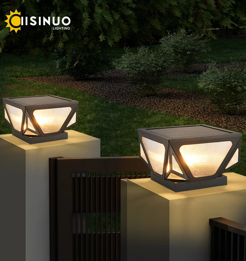 Outdoor Pillar Light Solar Powered Energy Saving IP65 Post Cap Lamp Auto Dusk-to-Dawn Sensor for Garden Villa Gate Pathway Fence