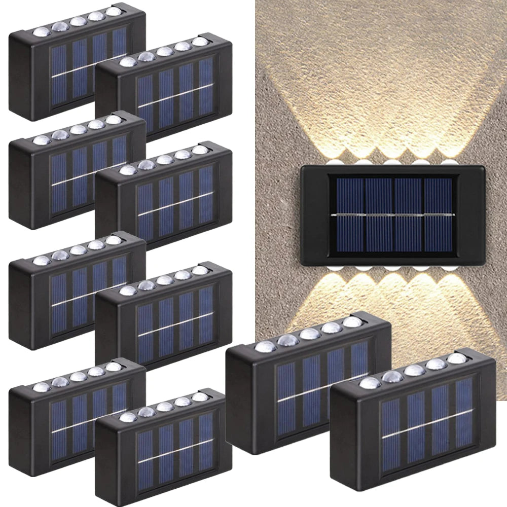 10PC, Outdoor 10 LED Solar Patio Path Light, Garden Wall Lighting Wall Sconce, Up and Down Illuminated Convex Mirror Light