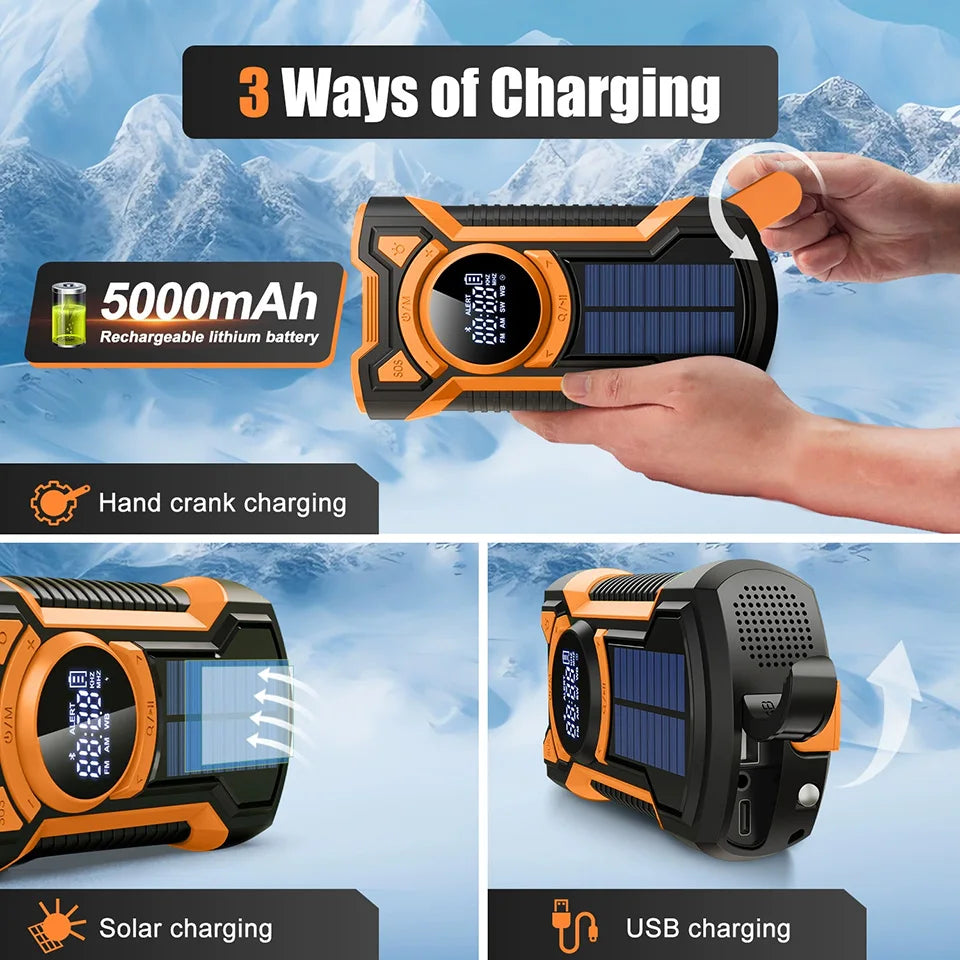 5000mAh Emergency Radio Hand Crank Solar, IP65 Waterproof Dustproof Bluetooth 5.3 Portable AM/FM/NOAA Weather Alert Radio