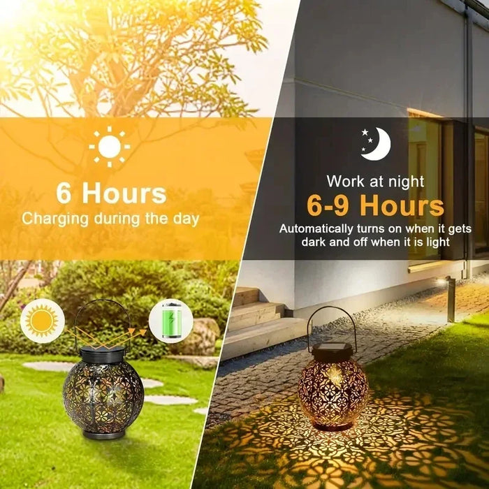 Solar Garden Light Outdoor Garden Decoration Solar Lights Metal Waterproof Round Lantern Lights Hanging Hollow Projection Lights