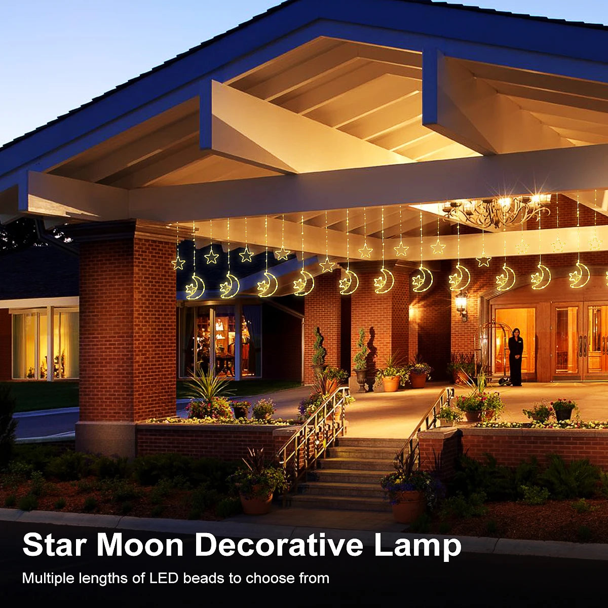 LED Decor Light Solar Moon Star Lights String Light Outdoor Waterproof Solar Powered Curtain Lights with 8 Modes Ramadan Hanging