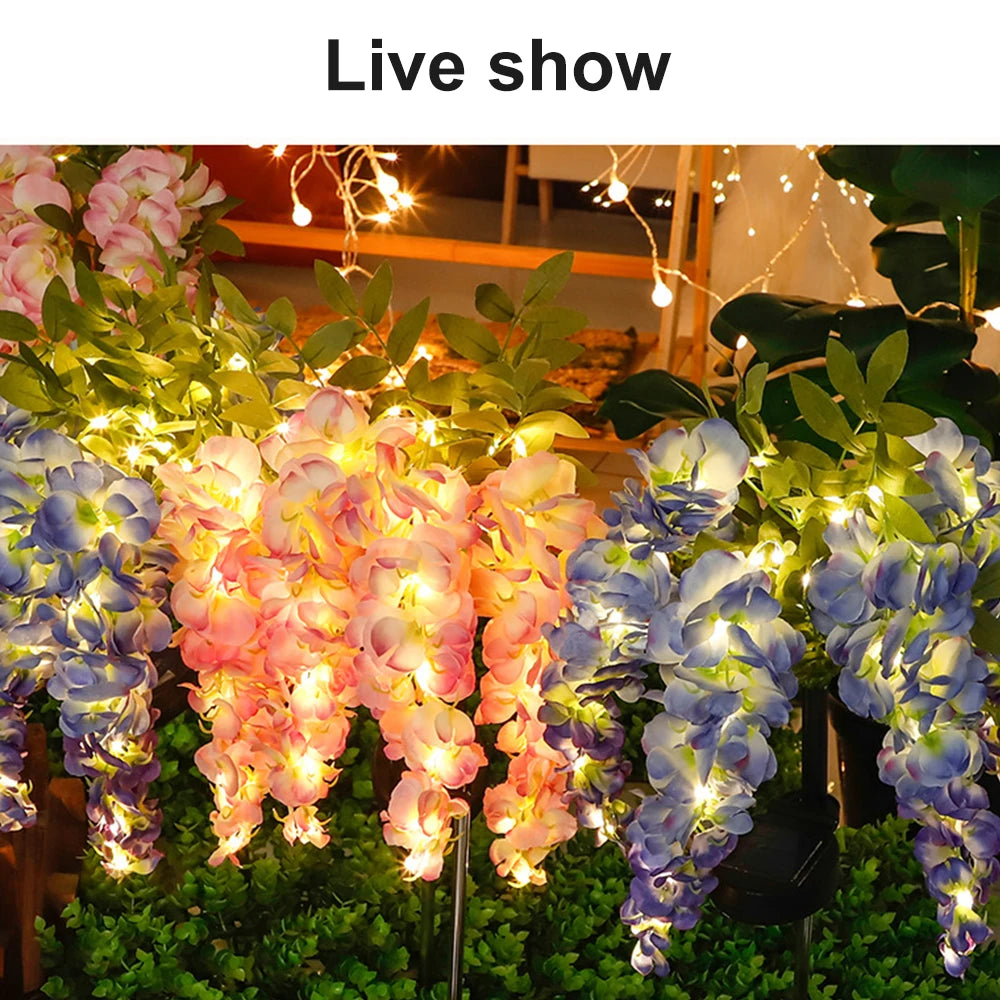 Solar Outdoor Decor Light Realistic Wisteria Floral Waterproof Artificial Flowers Light Solar Powered Garden Lawn Yard Lamp