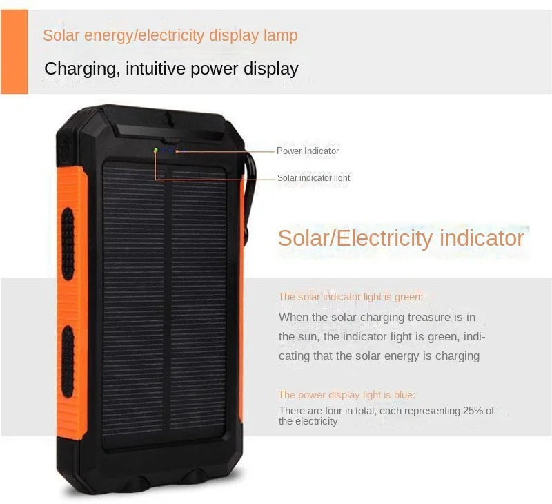 200000mAh Large Capacity Solar Power Bank New Portable With Lanyard Compass External Battery Outdoor Camping Charging Powerbank