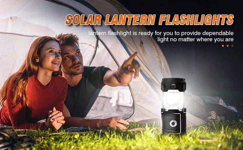 Solar Camping Lights COB Tent Lamp Portable Emergency Flashlight USB Rechargeable Waterproof Strong Light Fishing Hiking Torch