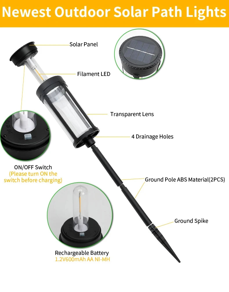 Solar Pathway Lawn Lights Outdoor Walkway Garden Tungsten lamp Waterproof Landscape Light Auto On/Off Lights for Yard Lawn Patio
