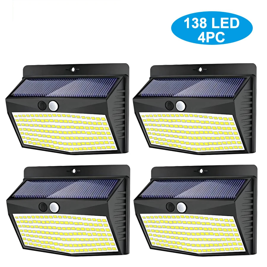138 LED Solar Light Outdoor 4PCS Solar Wall Lamp Human Body Sensor 3 Mode Waterproof Garden Decor Street Lights Sunlight Powered