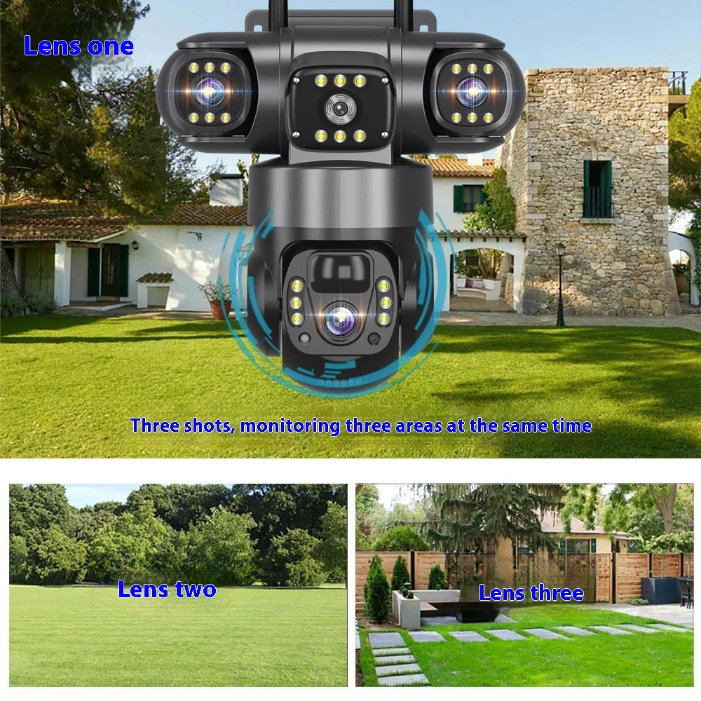 12MP Solar Surveillance Camera Wireless Outdoor 3 Lens Solar IP Camera PIR Color Night Vision Auto Tracking Battery CCTV Camera