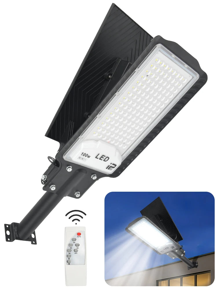 Outdoor Solar Street Lights LED IP65 Waterproof 100W Adjustable With Remote Control 1500LM For Driveway Garden Wall Fence