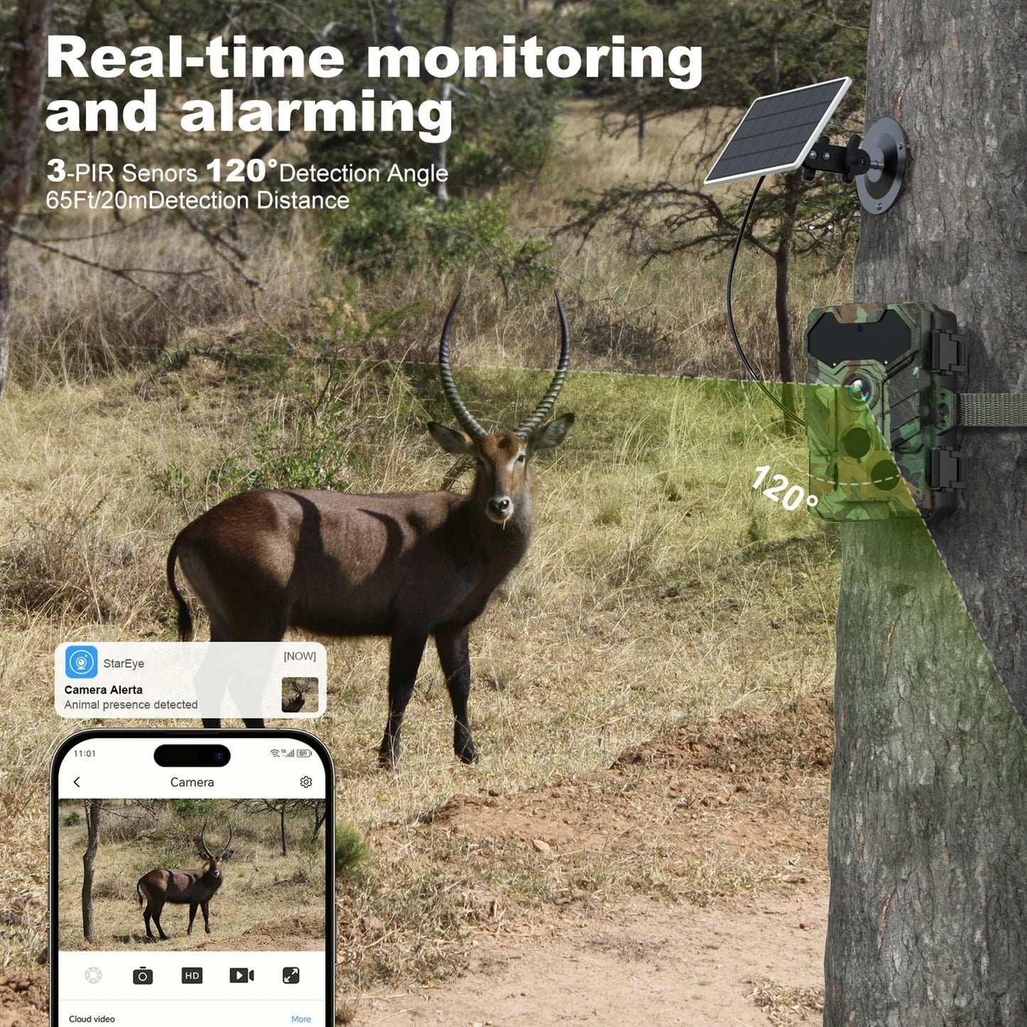 Solar Camera Outdoor Wireless Trail Camera 32MP Infrared Night Vision WiFi Enabled IP66 Waterproof Wildlife Hunting Camera