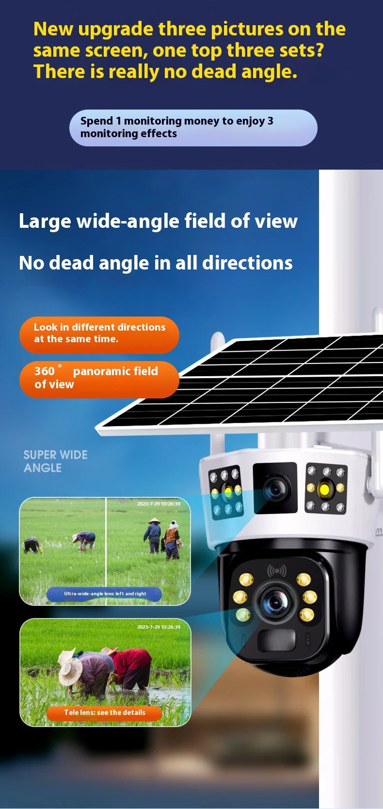 4G Solar Camera 6K 12MP Three Lens PTZ Dual screen PIR Human Tracking Color Night Vision Security CCTV Surveillance IP Camera