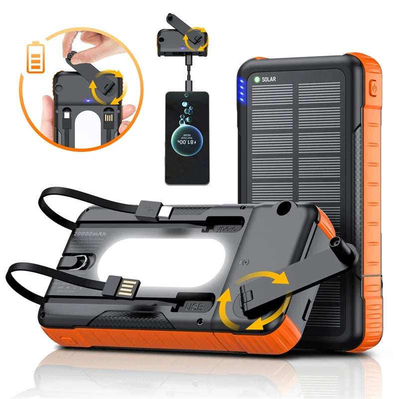 20000mAh Hand Crank Solar Power Bank with Cable Fast Charge Outdoor Portable Powerbank for iPhone Huawei Xiaomi External Battery