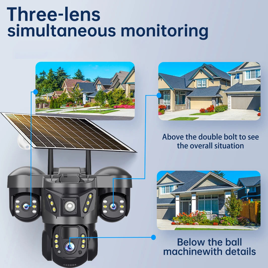 Solar 4G Camera 15MP Triple Lens Triple Screen 10x Zoom Outdoor Waterproof Battery Surveillan PIR Human Detection V380 Pro Cam