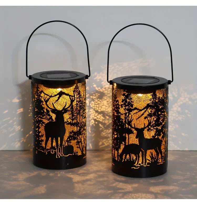 Solar Lantern Deer And Forest Pattern Hollow Projection Light Outdoor Garden Decor Threshold Courtyard Landscape Terrace Lamp