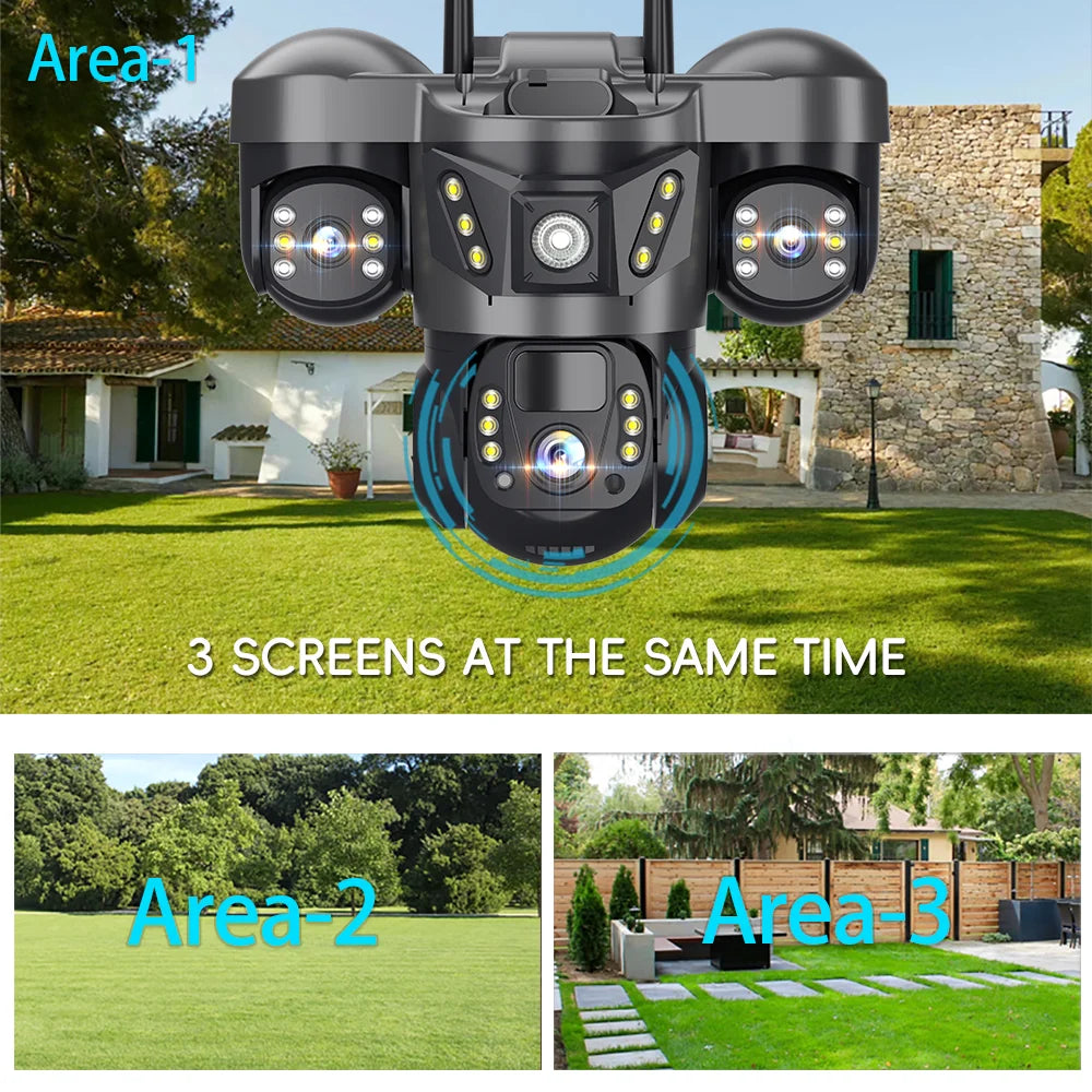 Solar 4G Camera With Sim Card 12MP 6K Three Lens Three Screen Monitor Night Vision Security Protection PTZ Video Surveillance