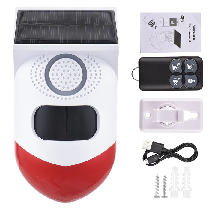 Solar Motion Sensor Alarm Outdoor Solar Alarm 120dB Loud Siren LED Strobe Lights Sound Security Alarm Adjustable Sensing Distanc