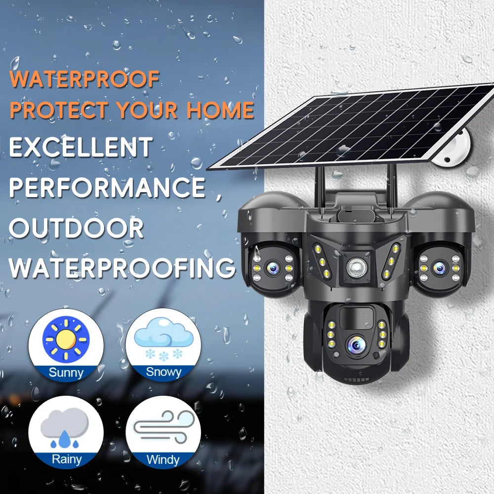 Solar 4G Camera With Sim Card 12MP 6K Three Lens Three Screen Monitor Night Vision Security Protection PTZ Video Surveillance