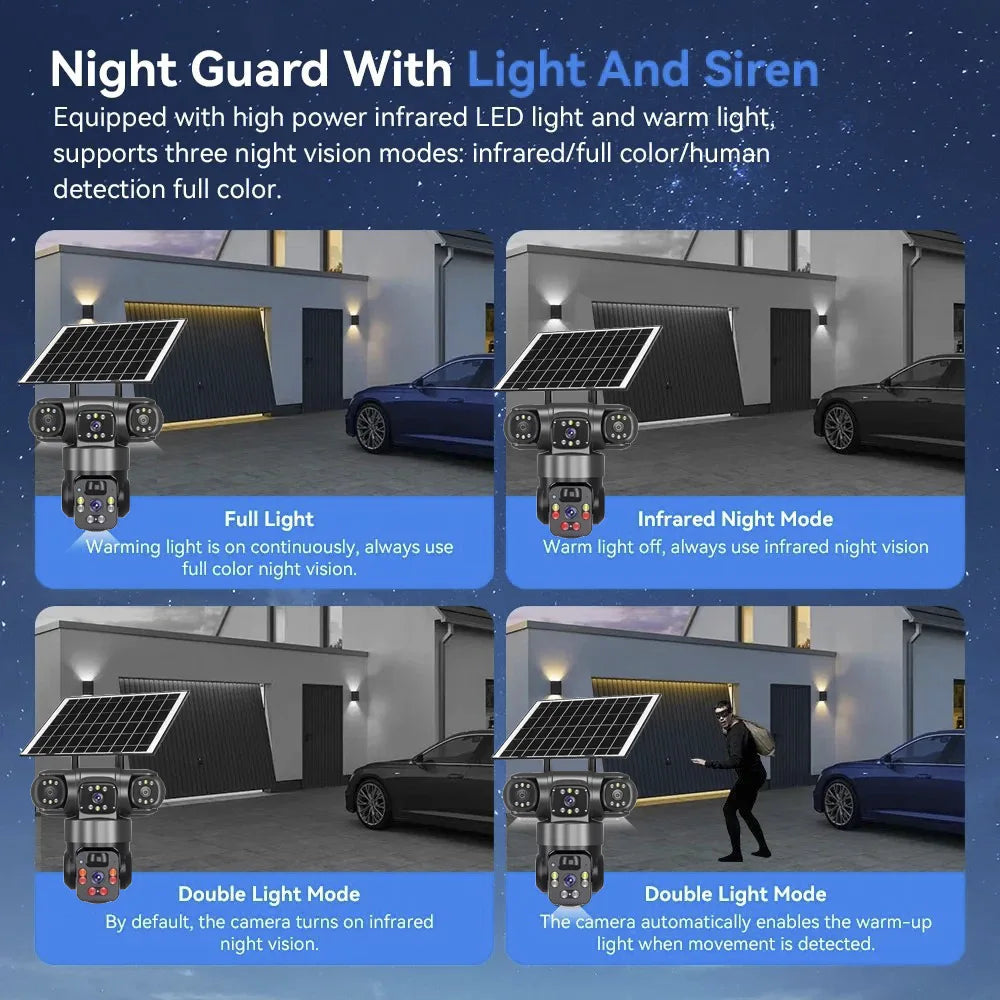 12MP Solar Surveillance Camera Wireless Outdoor 3 Lens Solar IP Camera PIR Color Night Vision Auto Tracking Battery CCTV Camera