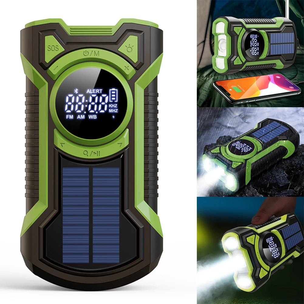Portable Solar Emergency Weather Radio Bluetooth Compatible with Hand Crank AM FM NOAA and Phone Charger for Outdoor Use