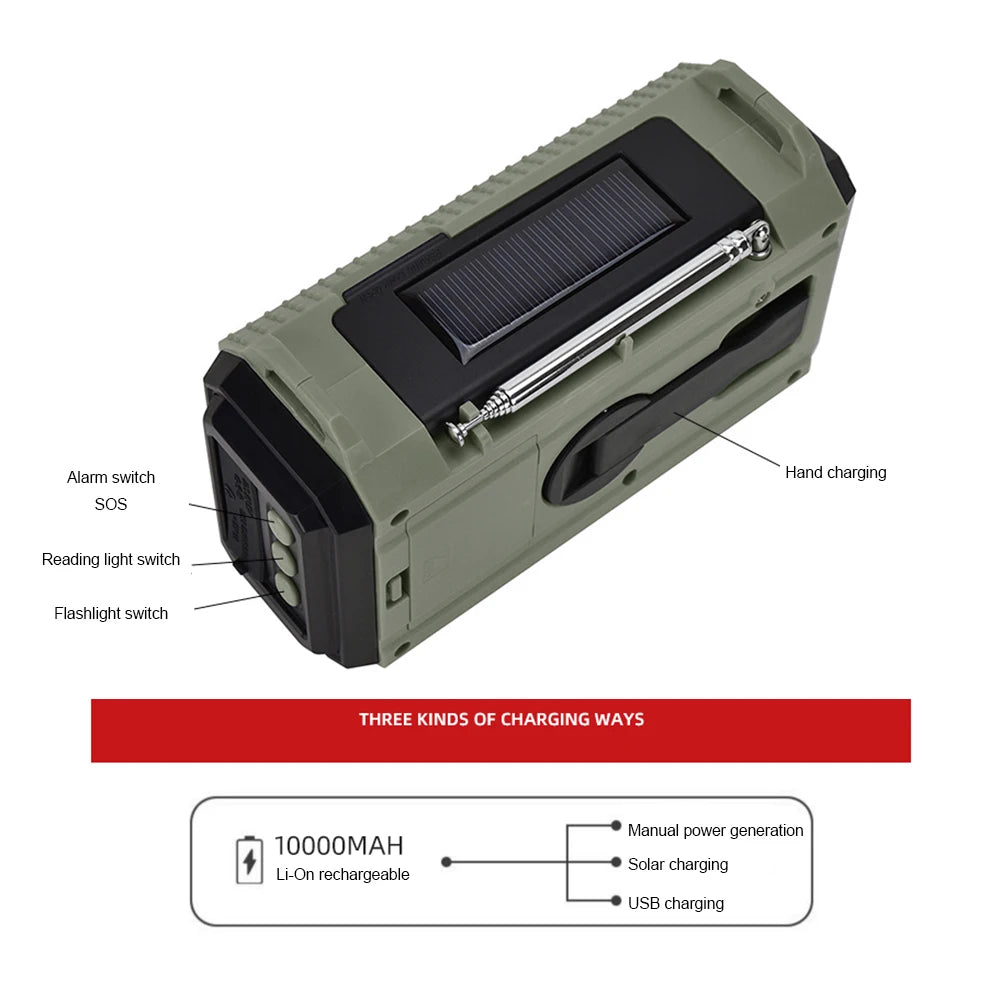 10000MAh Portable Emergency Solar Power Radio Hand Crank AM FM SW NOAA Weather Radio Led Reading Flashlight Phone Power Bank
