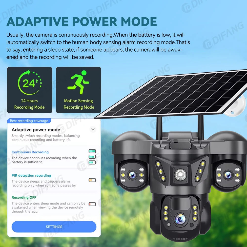 Wireless WiFi Solar Camera Three Lens Three Screen 4G Sim Card Solar Cam Human Detection Outdoor Solar Surveillance V380