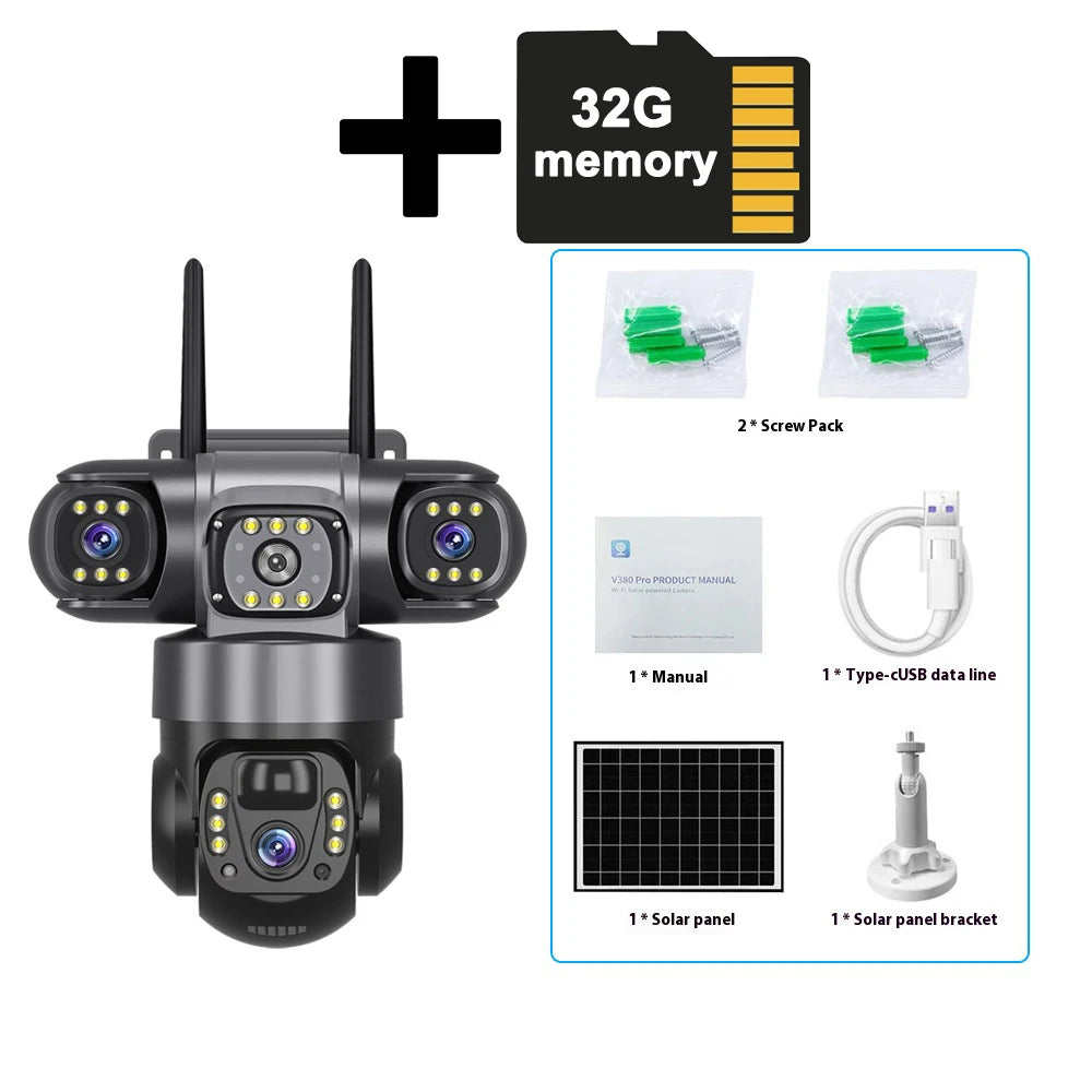 12MP Solar Surveillance Camera Wireless Outdoor 3 Lens Solar IP Camera PIR Color Night Vision Auto Tracking Battery CCTV Camera