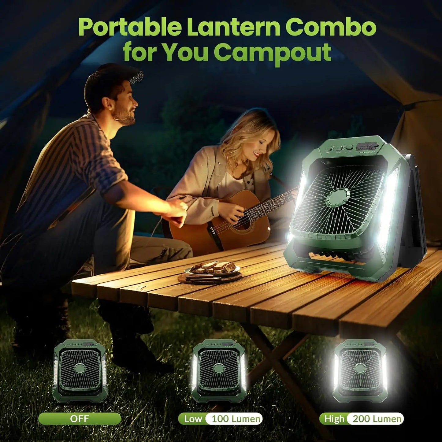 Solar Camping Fan With Foldable&Detachable 18W Solar Panel&20000mAh Rechargeable Battery LED Lantern 3-Speed Silent Timer Hook