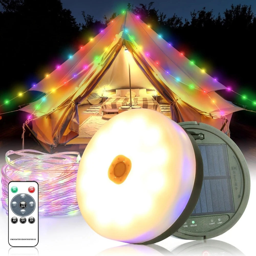 Solar Camping Lamp with String Lights LED Portable Waterproof Tent Lamp with 8 Lighting Modes Hanging Rechargeable Tent Lantern