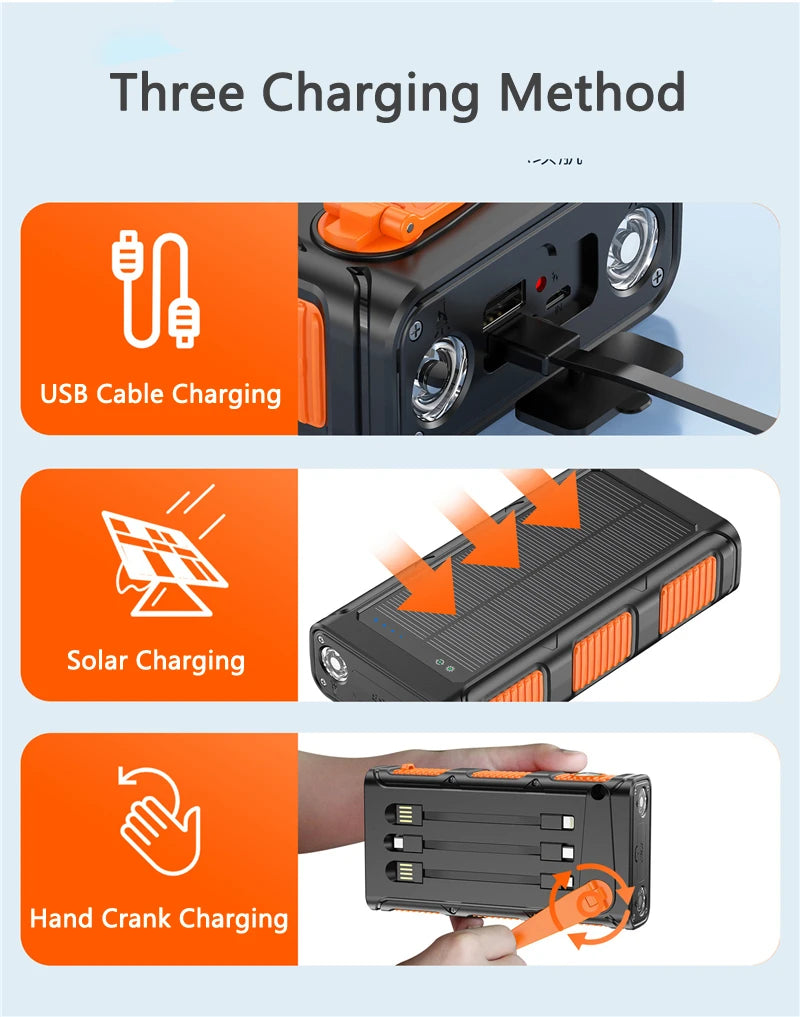 30000mAh Hand Crank Solar Power Bank PD 20W External Battery Fast Charging Powerbank for iPhone 14 Xiaomi Portable Solar Charger