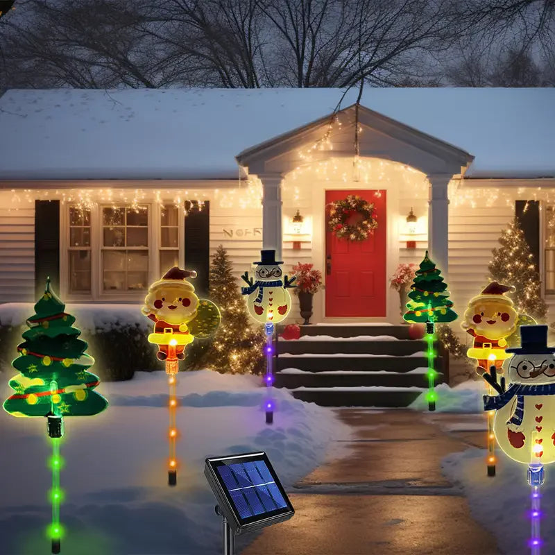 6pcs/set Solar-Powered Christmas Lawn Lights Santa Tree & Reindeer Designs for Outdoor Decor Waterproof Garden Lights Holiday