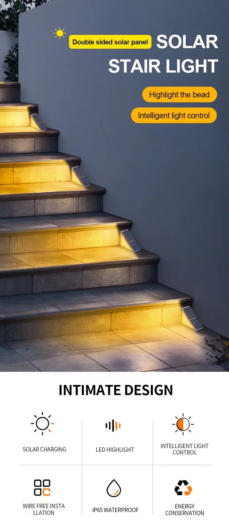 Solar Step Lights for Outside IP67 Waterproof Solar Stair Light Warm White Lighting Patio Garden Courtyard Door Sidewalk Decor