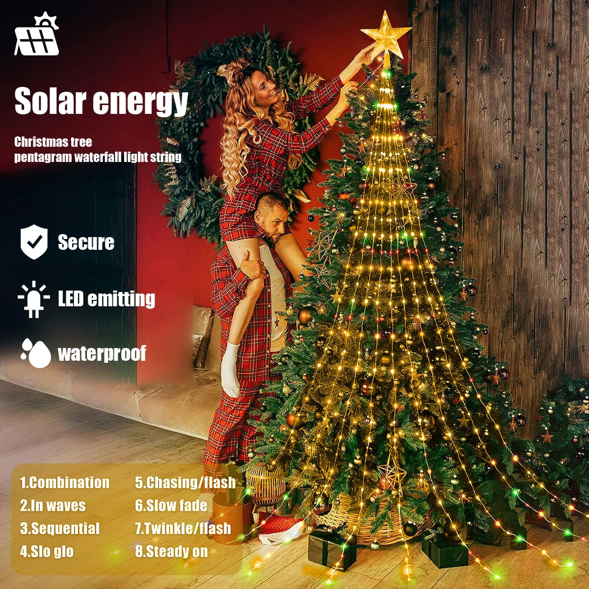 Solar Christmas Decoration Star String Lights 2/3M 8 Modes Waterfall Christmas Tree Fairy Lights for Outdoor Wedding Holiday