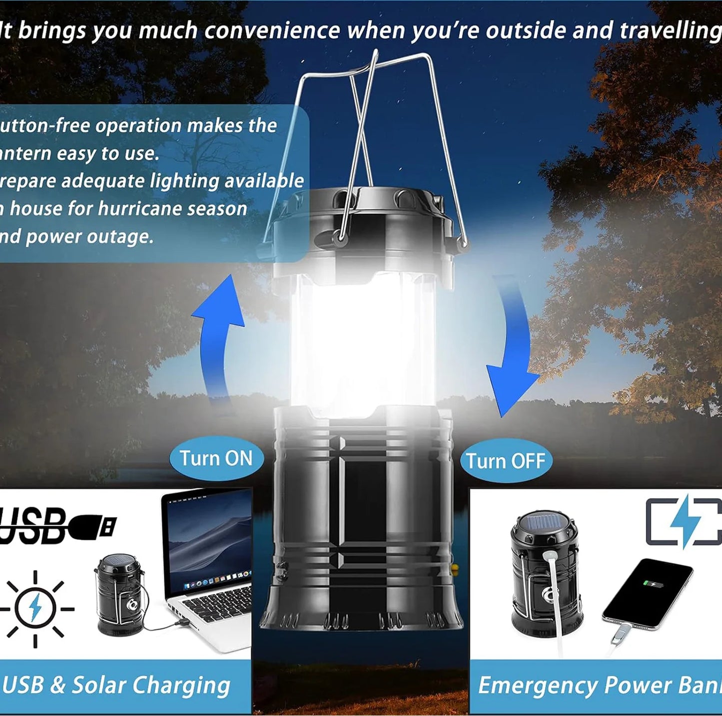 Solar Camping Lights COB Tent Lamp Portable Emergency Flashlight USB Rechargeable Waterproof Strong Light Fishing Hiking Torch