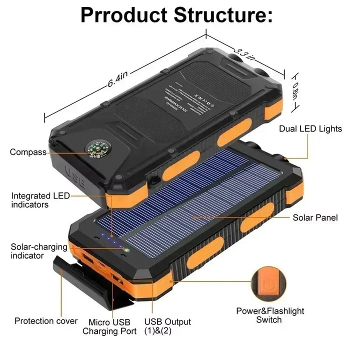 200000mAh Solar Power Bank Portable Charger with Compass LED Light Carabiner Outdoor Camping External Battery Pack For xiaomi