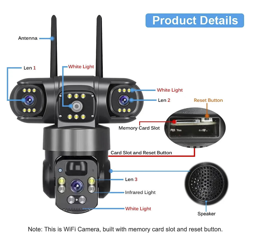 12MP Solar Surveillance Camera Wireless Outdoor 3 Lens Solar IP Camera PIR Color Night Vision Auto Tracking Battery CCTV Camera