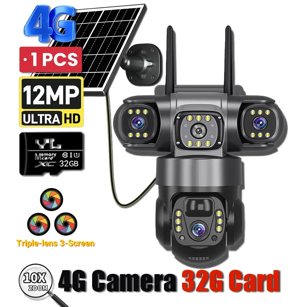Solar 4G Camera With Sim Card 12MP 6K Three Lens Three Screen Monitor Night Vision Security Protection PTZ Video Surveillance