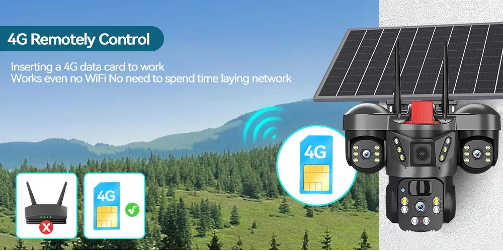 Wireless WiFi Solar Camera Three Lens Three Screen 4G Sim Card Solar Cam Human Detection Outdoor Solar Surveillance V380