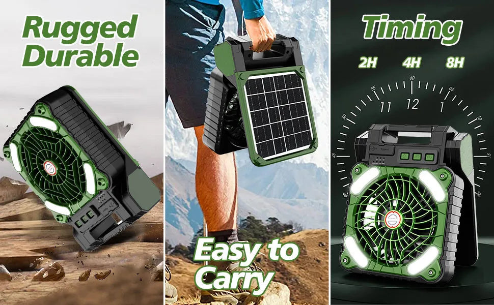 10000mAh Solar Powered Portable Camping LED Lantern With Fan 4 Speeds Powerful Wind Rechargeable Battery Operated 90° Folding