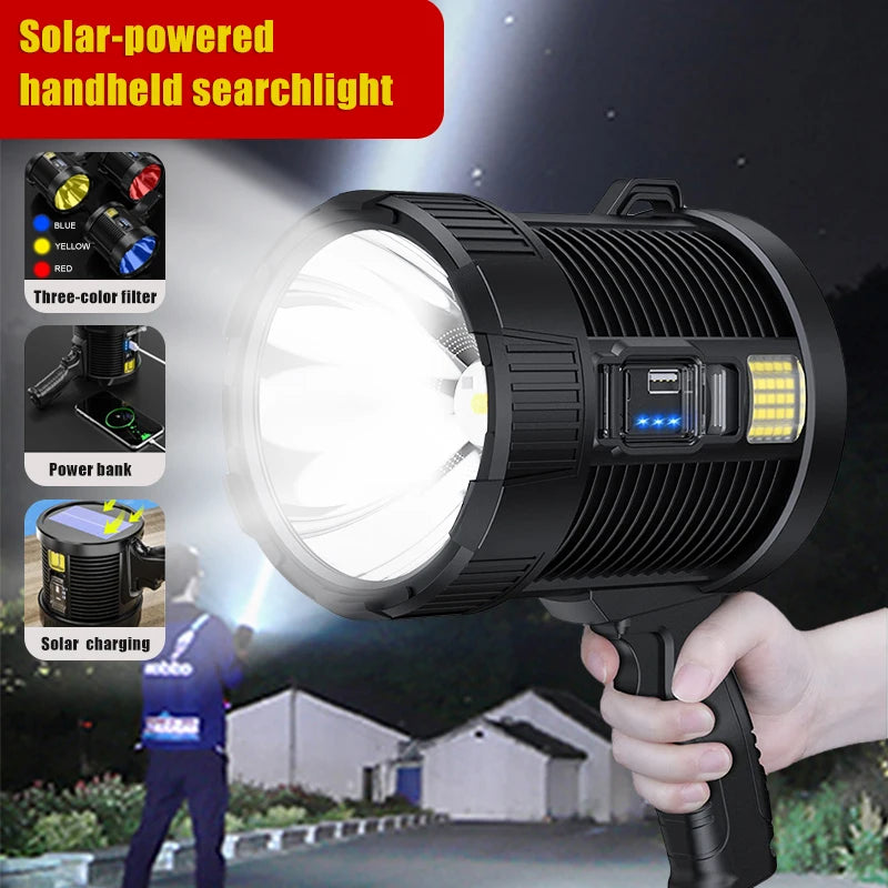 Rechargeable Spotlight 900000 Lumens Led Spot Lights Handheld Large Flashlight Super Bright Outdoor Solar Spotlights Searchlight