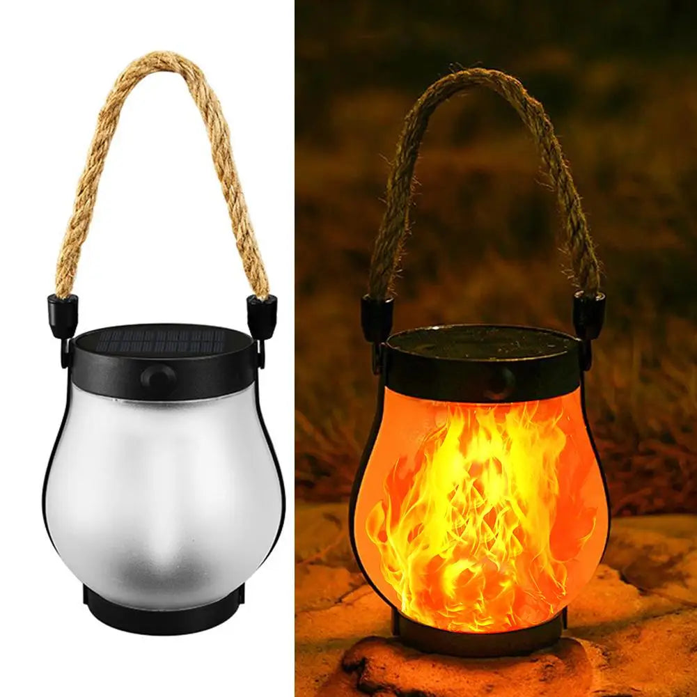 Solar Flame Lights Solar Powered Garden Lantern Flickering LED Light Decorative Yard Decor with Rope Rechargeable Camping Lamp