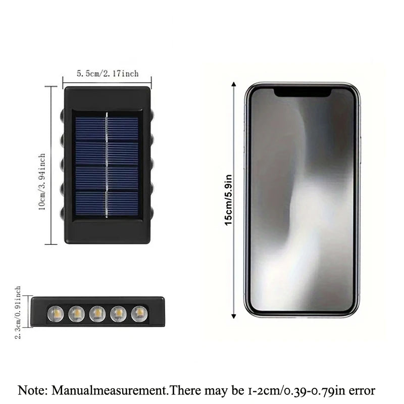 10PC, Outdoor 10 LED Solar Patio Path Light, Garden Wall Lighting Wall Sconce, Up and Down Illuminated Convex Mirror Light