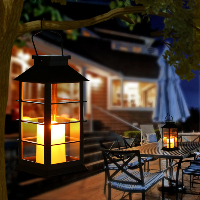 Solar Powered Lantern Light Outdoor Flickering Flame Fire Candle LED Lamp Hanging Decorative Lighting For Garden Patio Courtyard