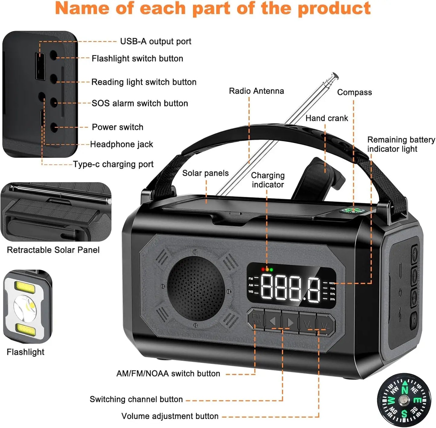 12000mAh Emergency Radio Hand Crank Portable Solar Radio Weather Radio SOS Alarm Flashlight Phone Charger Compass Reading Lamp