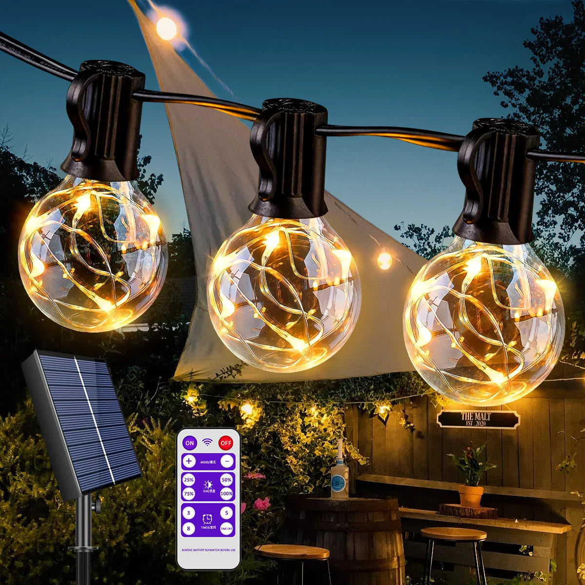 Solar Patio String Light G40,8 Light Modes, Outside Weatherproof Hanging Lights for Backyard Bistro Balcony Pergola Party Decor